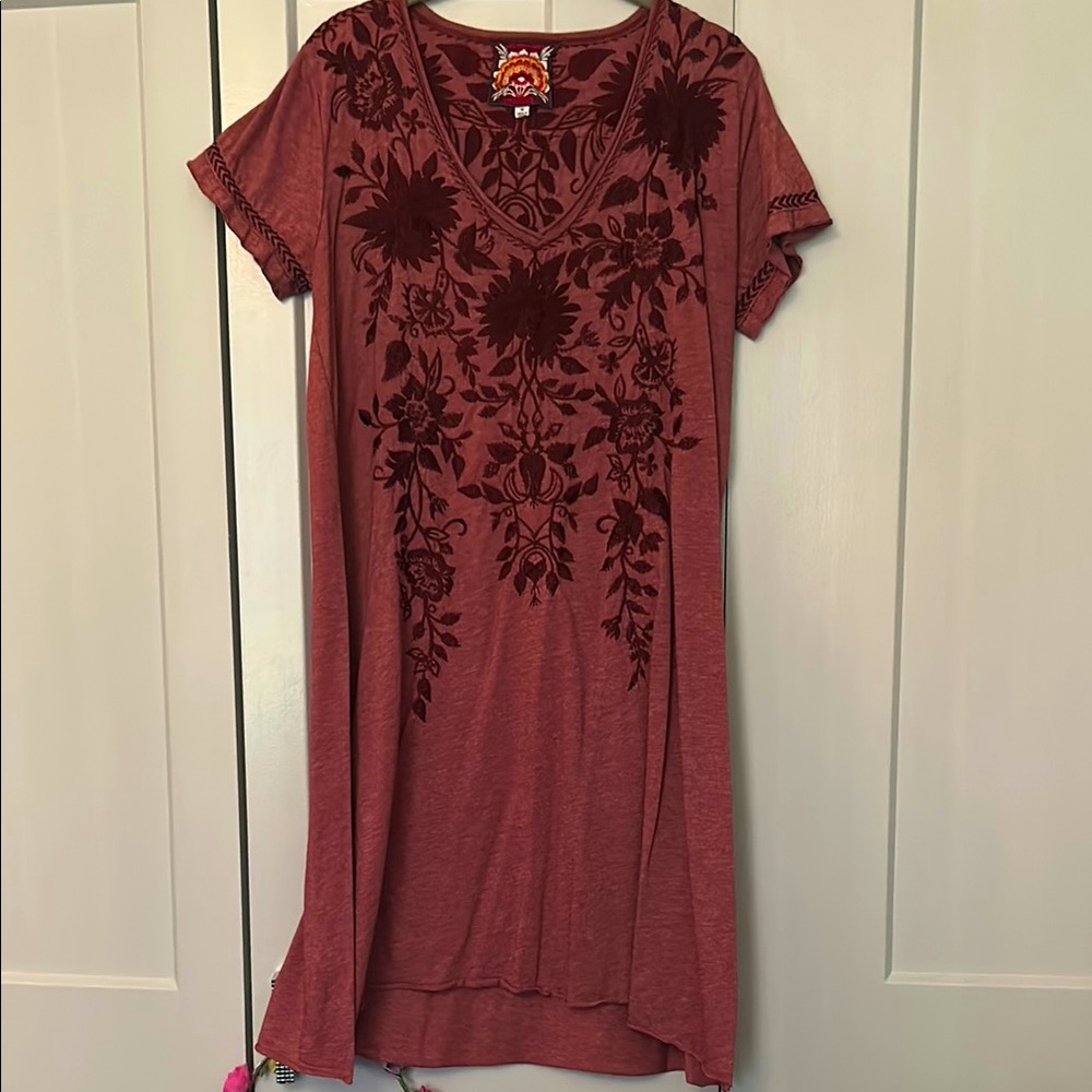 Johnny Was Embroidered Floral V-Neck Mini Dress/ Tunic - Burgundy